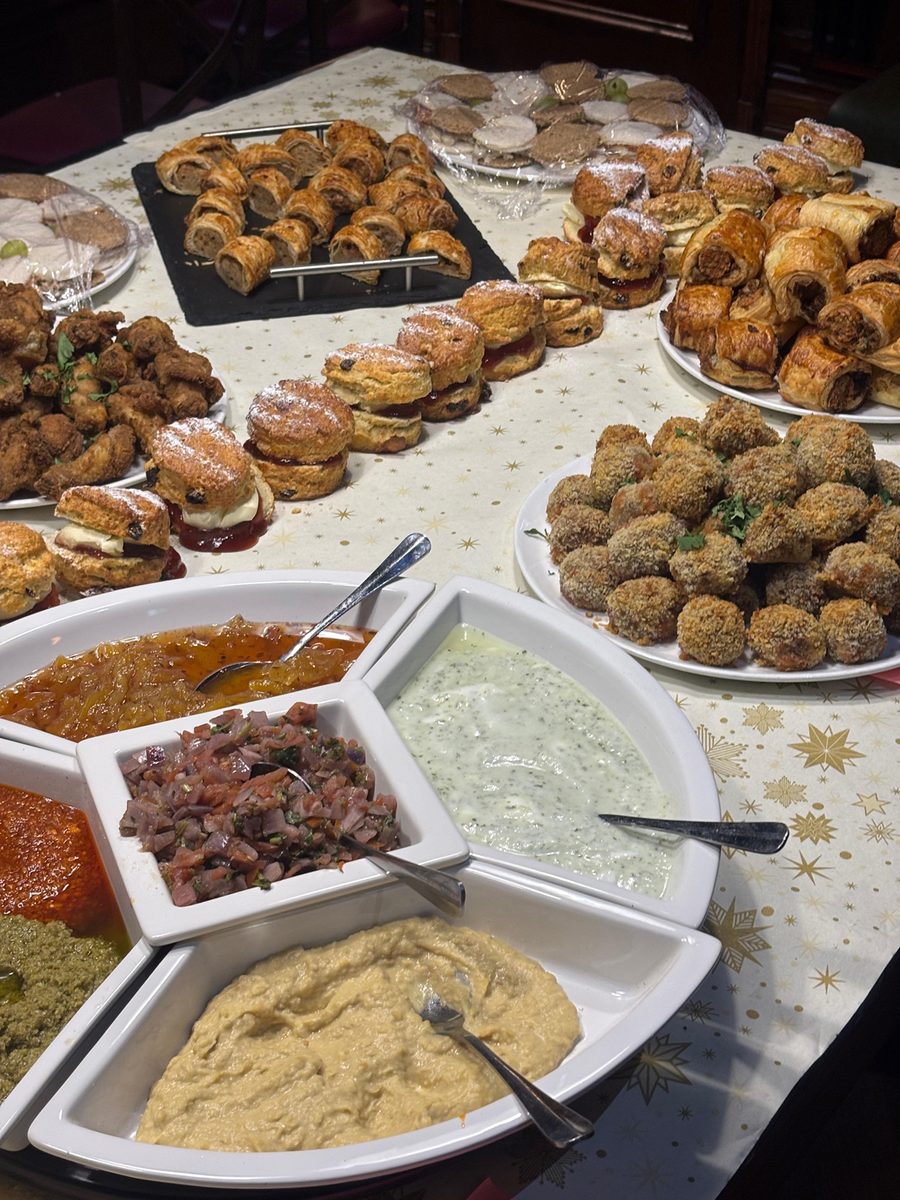 A buffet spread of sharing platters and dips for an event at The White Lion