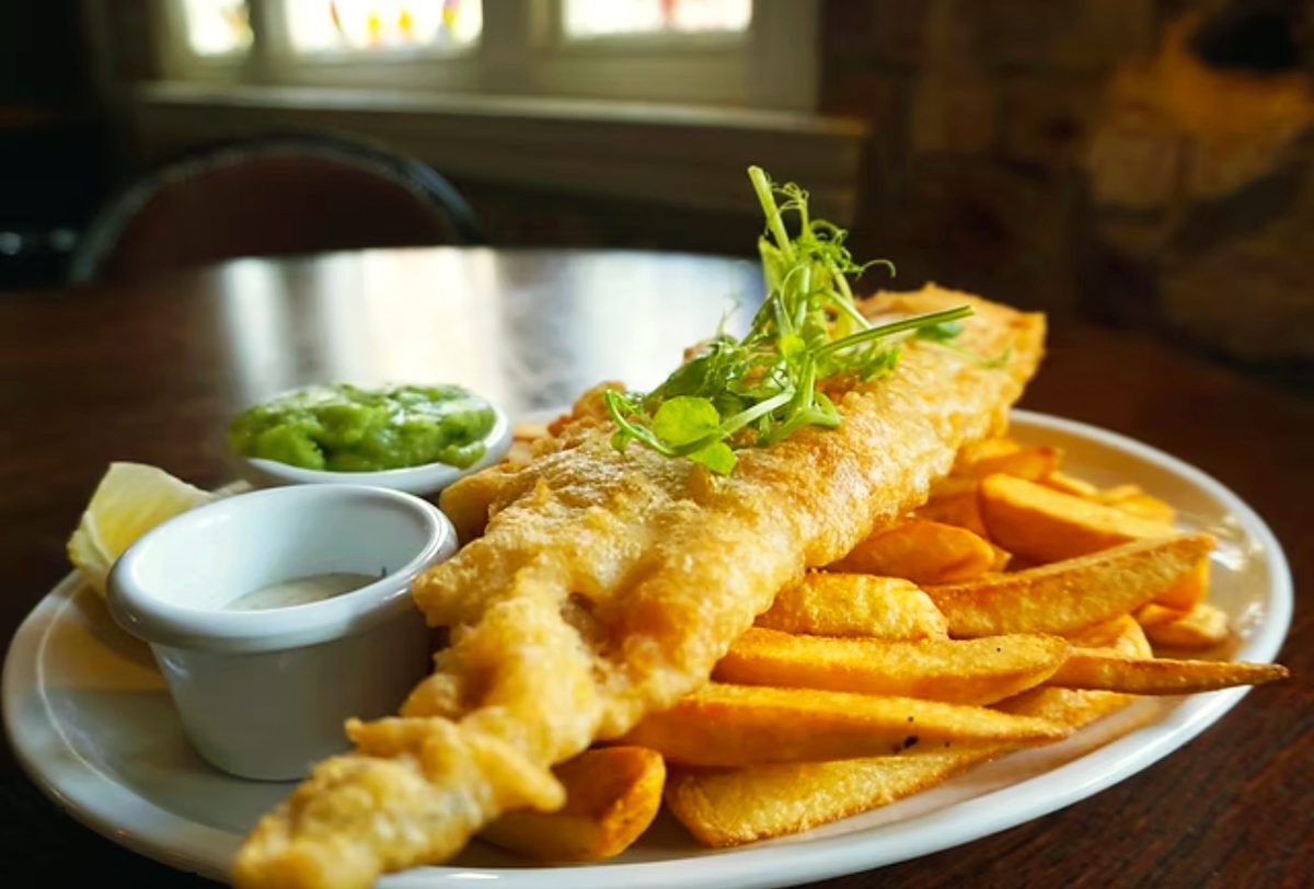 Beer-battered fish and chips at The White Lion