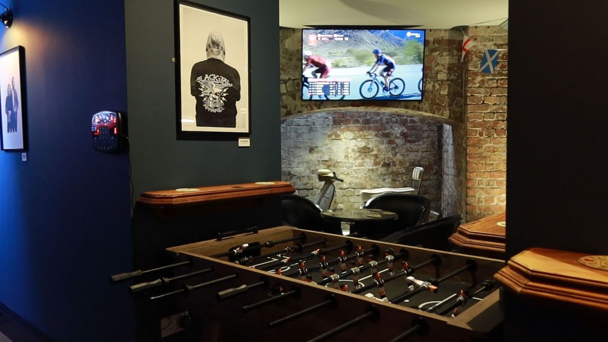 The downstairs sports den at The White Lion with foosball and big screens